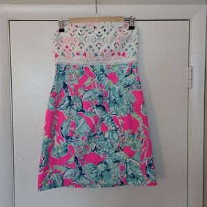 Lilly Pulitzer Brynn Strapless Mini Dress Pink Lobster Lace Size 4